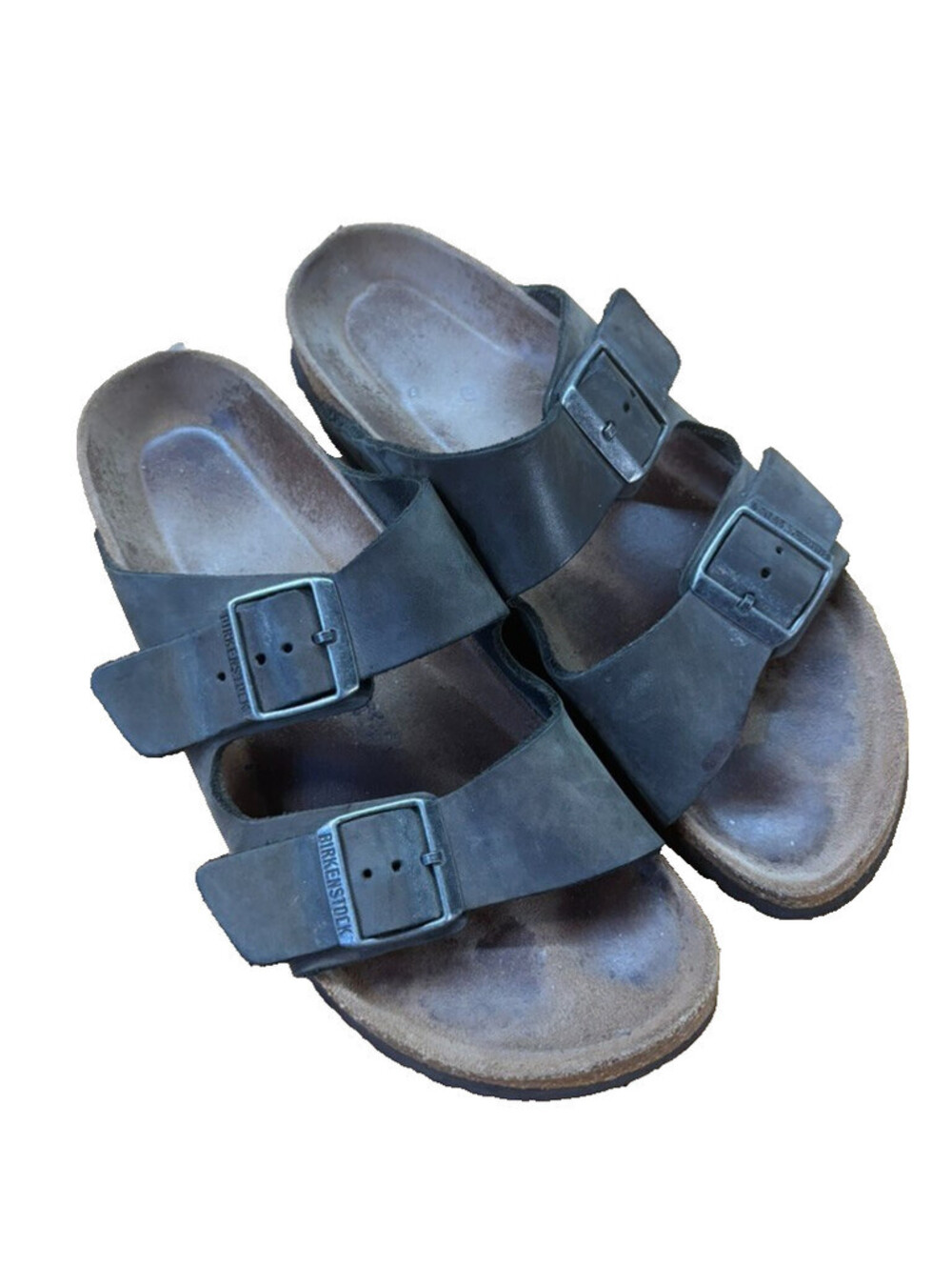 Birkenstock Arizona Sandals Womens 7 Gray Leather Two Strap EU 38 Cork